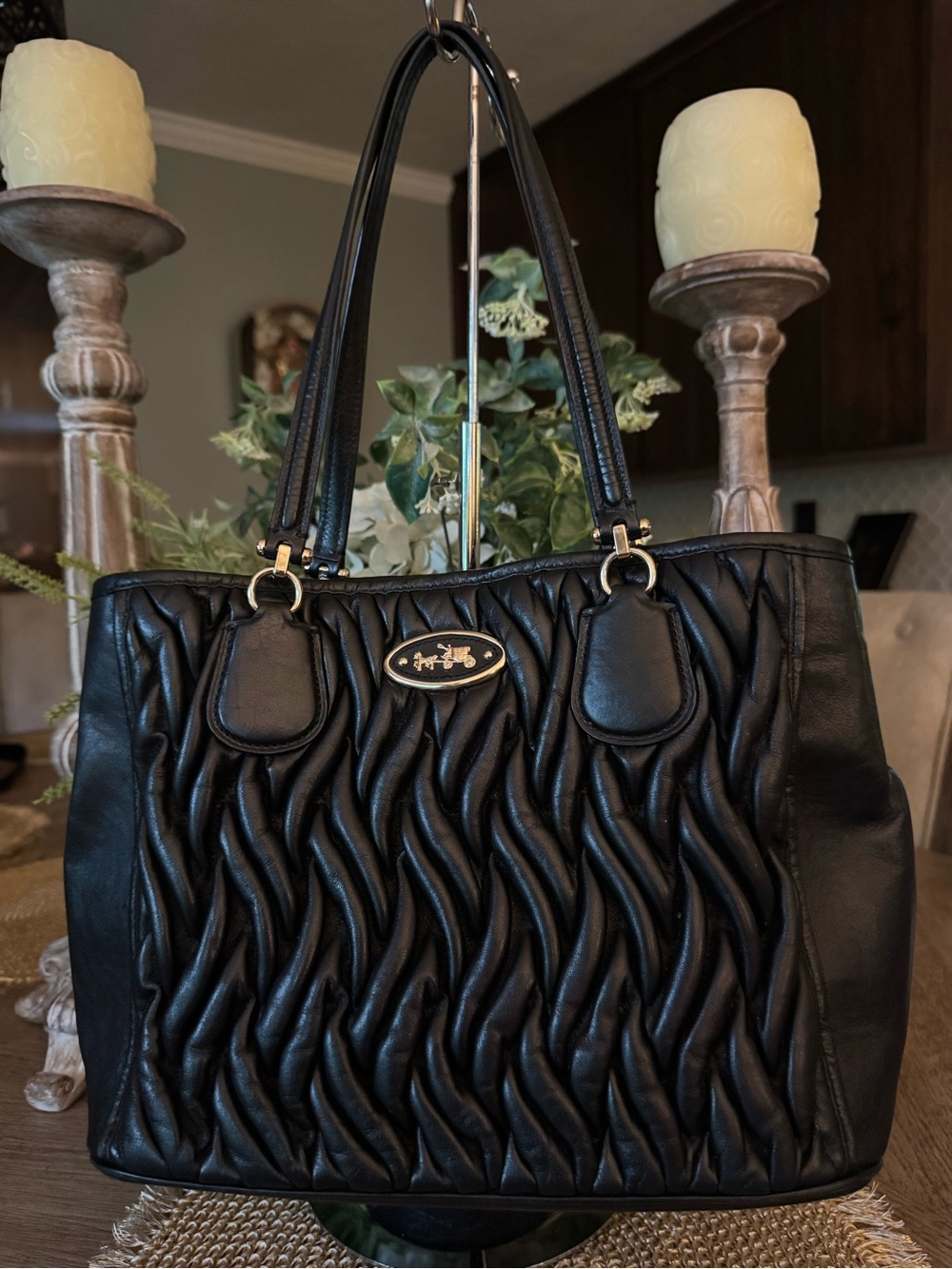 EUC Coach Black Quilted Leather Tote Handbag Horse & Carriage Logo ORG $598